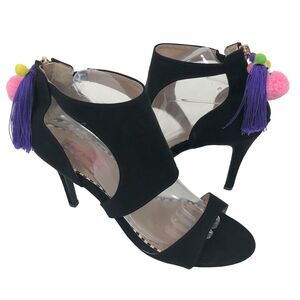 Betsey Johnson Heels 9.5 Ryan Pom Pom Tassle Stiletto Heeled Dress Sandals Shoes